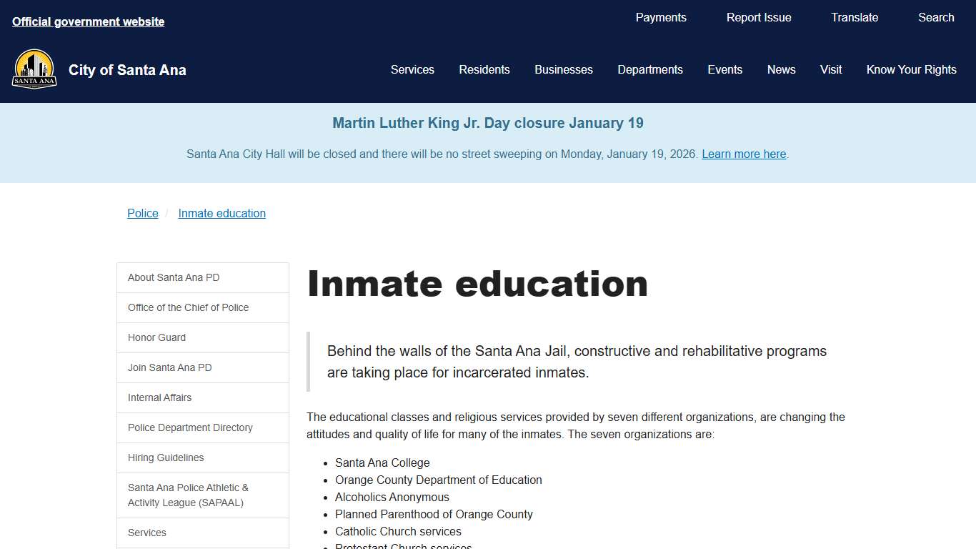 Inmate education - City of Santa Ana