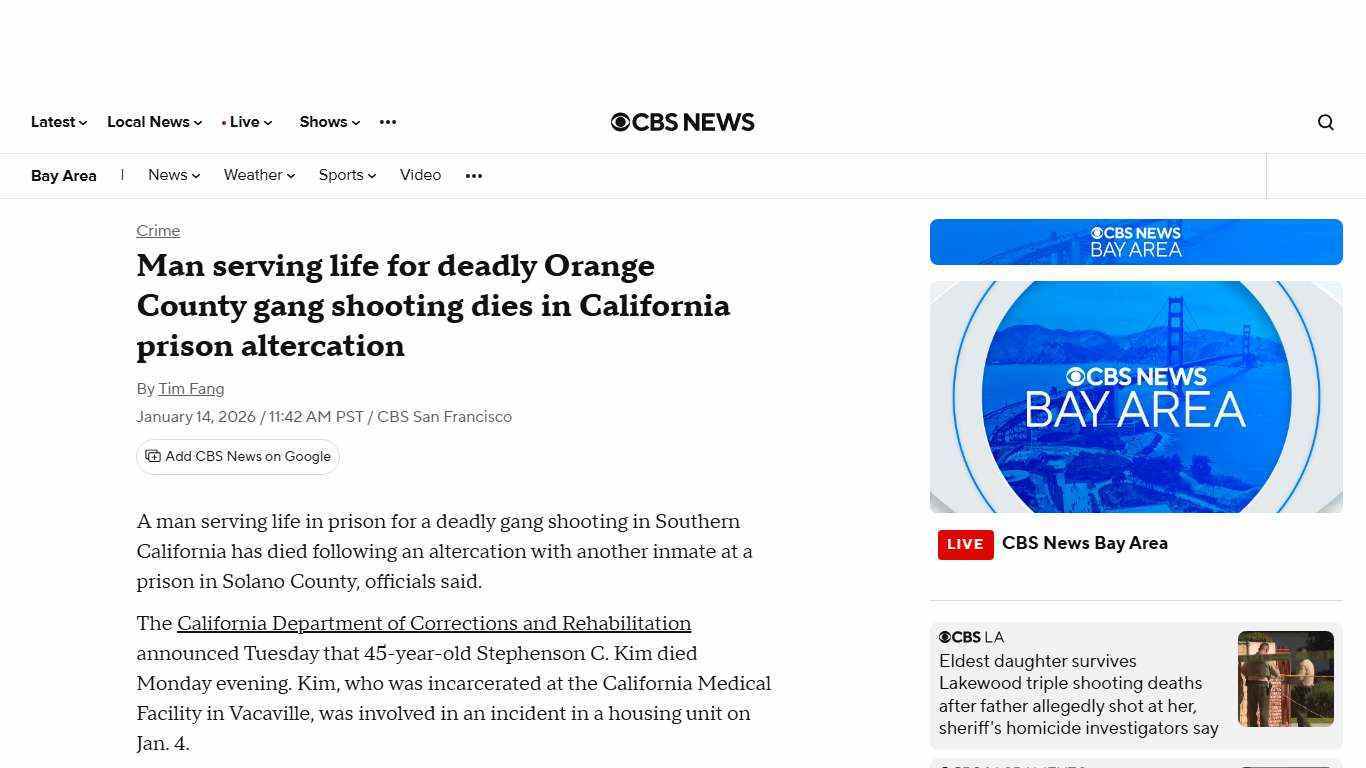 Man serving life for deadly Orange County gang shooting dies in California prison altercation - CBS San Francisco